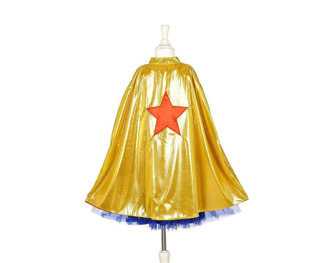 Back of the Souza Superhero Girl Costume with a Gold superhero cape and a red star