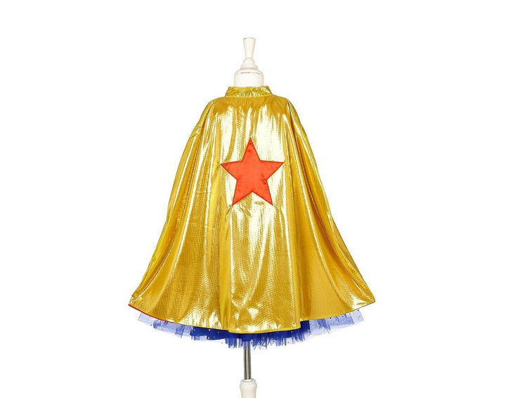 Back of the Souza Superhero Girl Costume with a Gold superhero cape and a red star