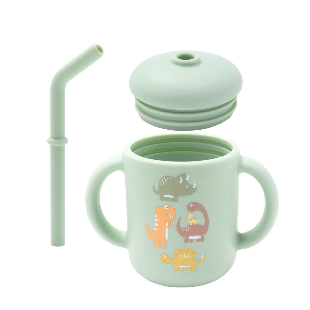 toddler sugarbooger no spill mint straw sippy cup with dino pattern 