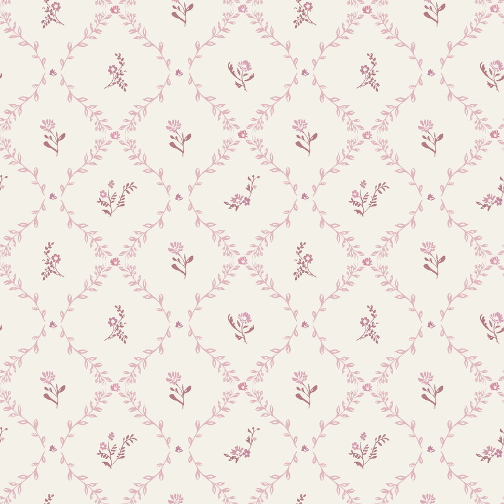 Little Threads mauve lattice print featuring dainty floral vine pattern on muslin fabric