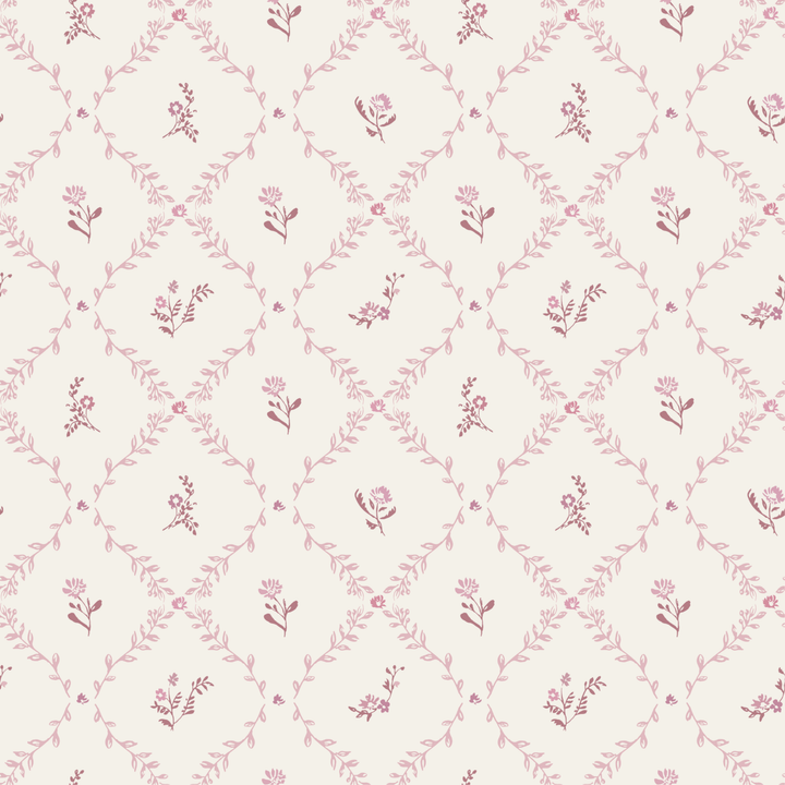 Little Threads mauve lattice print featuring dainty floral vine pattern on muslin fabric