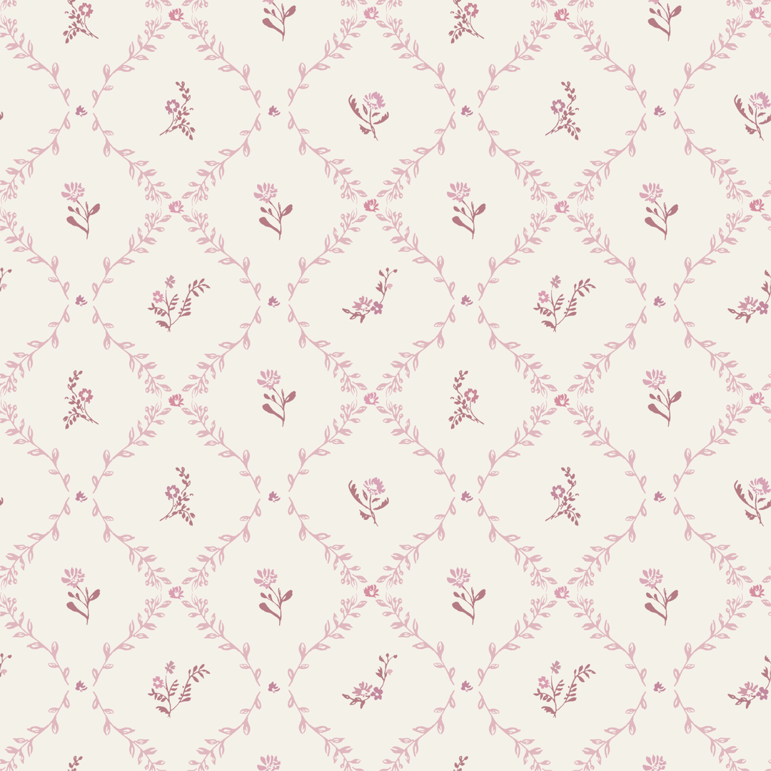 Close up of Little Threads mauve lattice fabric pattern on this cozy baby lovey