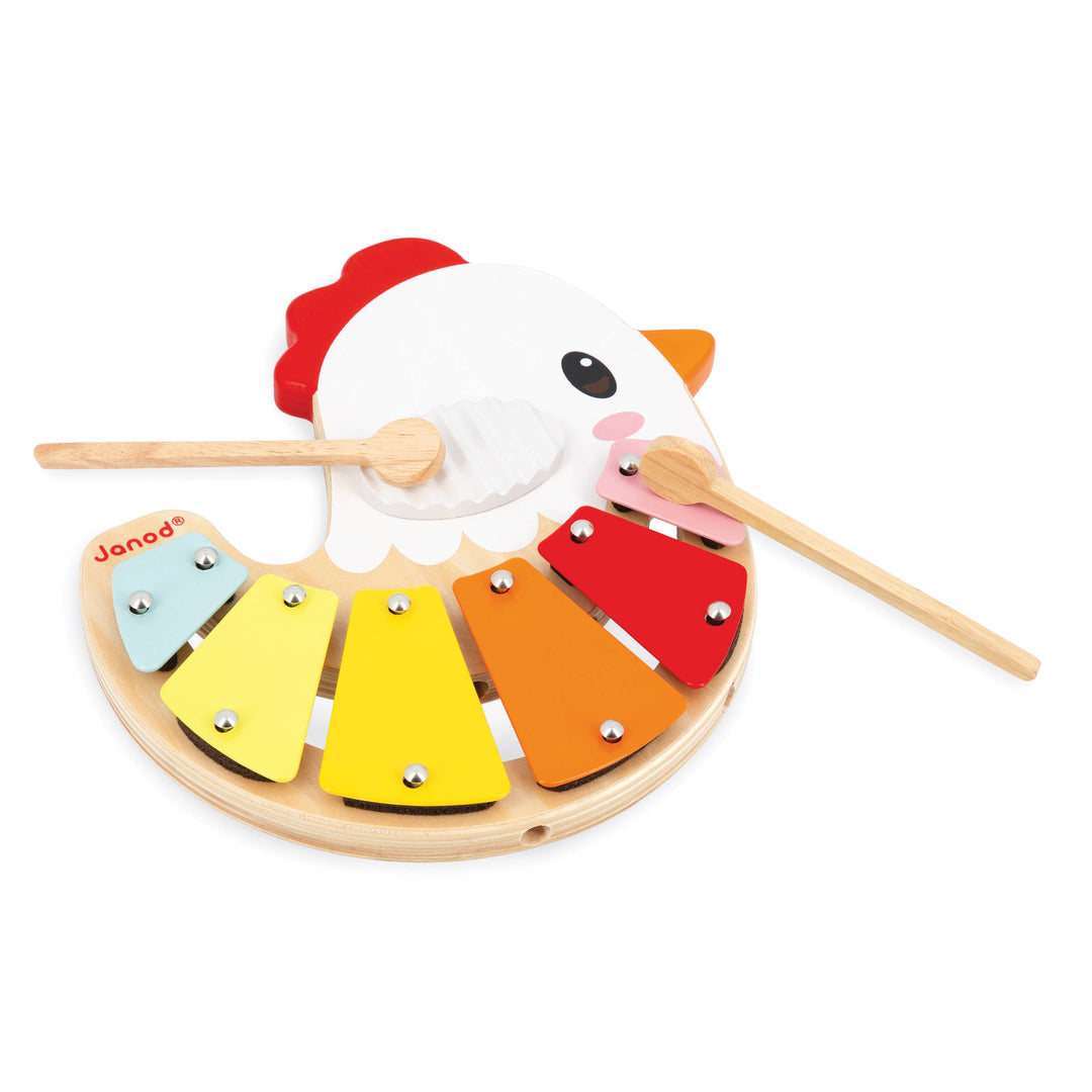 Colorful tones on Janod Farm Chicken Xylophone for baby music play