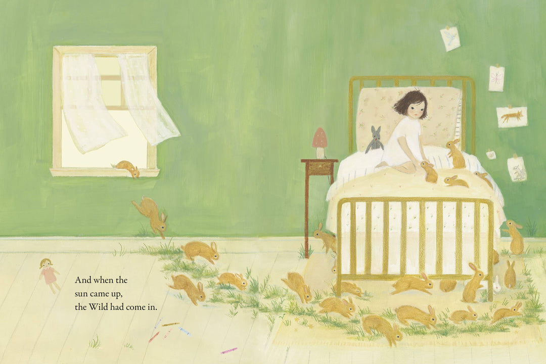 The Wildest Thing by Penguin Random House, bedtime story spread showing a child sitting up in bed in a soft green bedroom