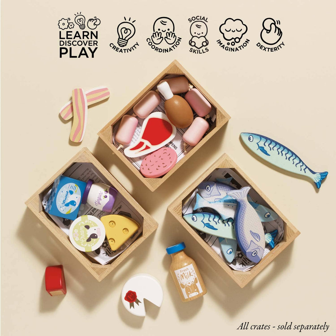 The Le Toy Van Cheese & Dairy Wooden Market Crate turns kitchen fun into an educational toy experience for kids.