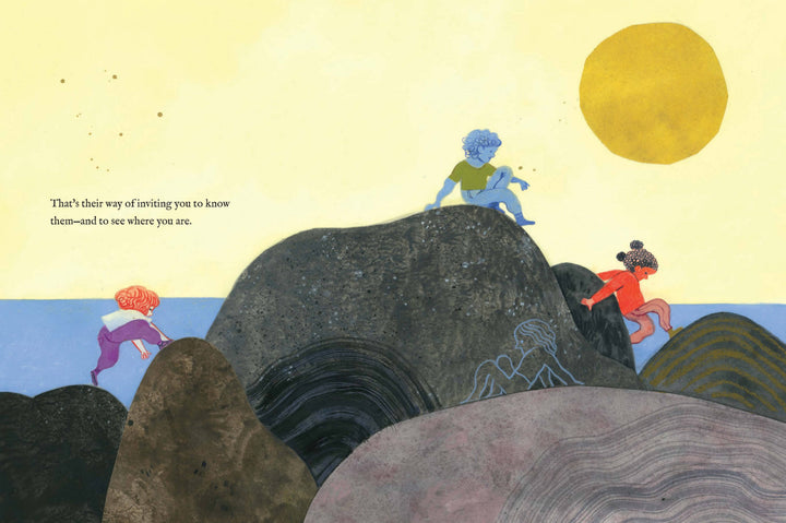 child exploring outdoors searching for the right rock in this mindfulness picture book for kids