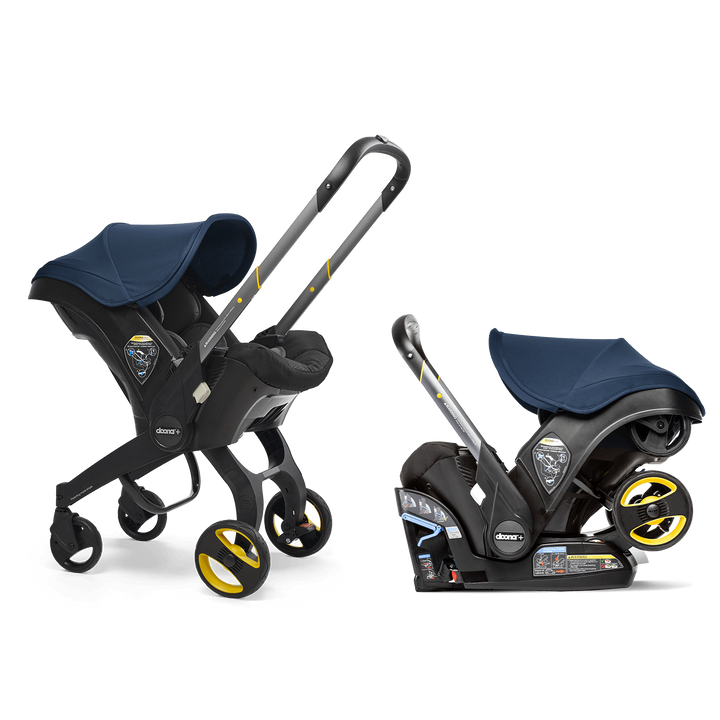 Close-up of the Doona Infant Car Seat and Stroller in Deep Blue showing stroller latch for car seat stroller combo convenience.