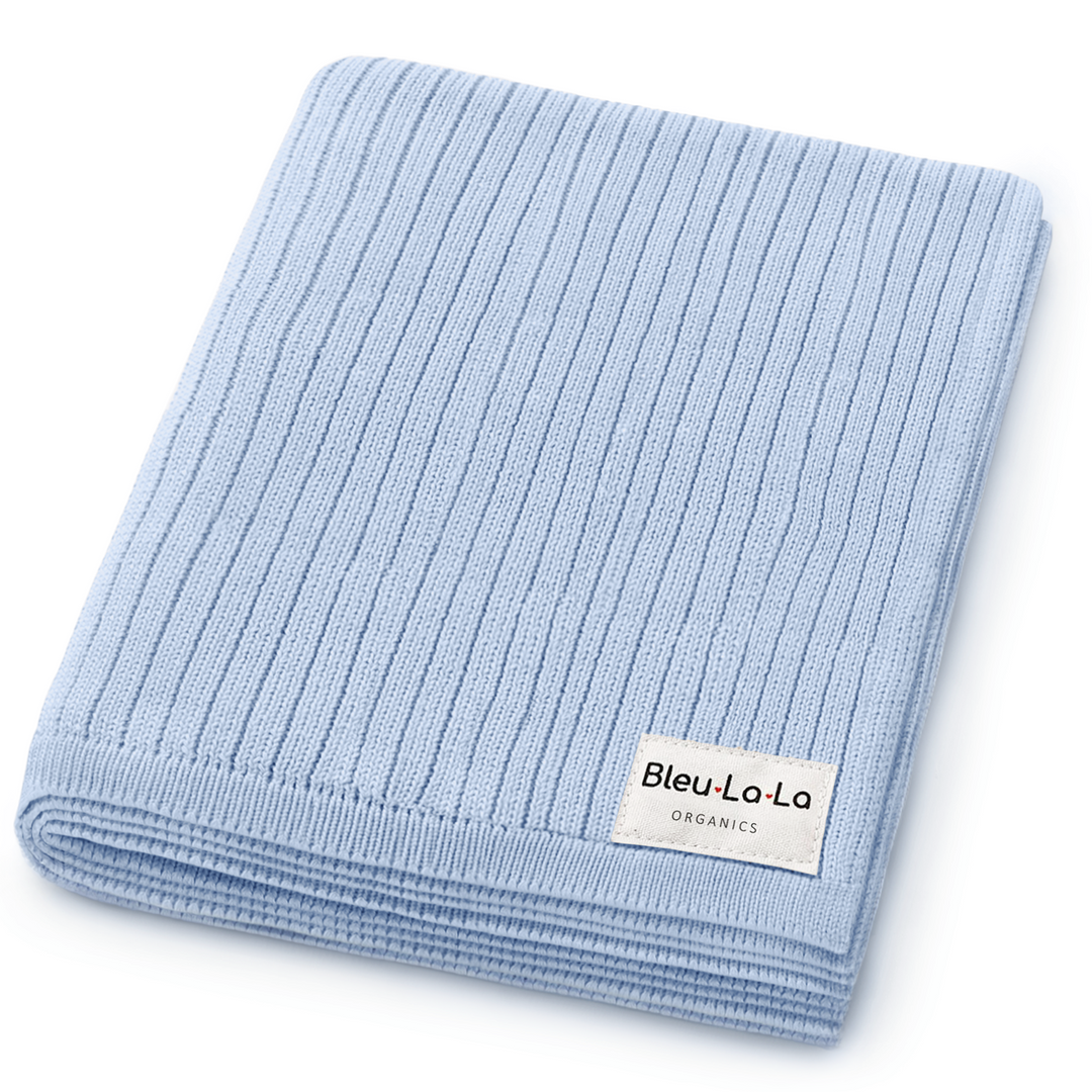 Bleu La La Organic Ribbed Knit Cotton Baby Blanket in light blue folded neatly on white background, soft newborn swaddle blanket, organic cotton receiving blanket