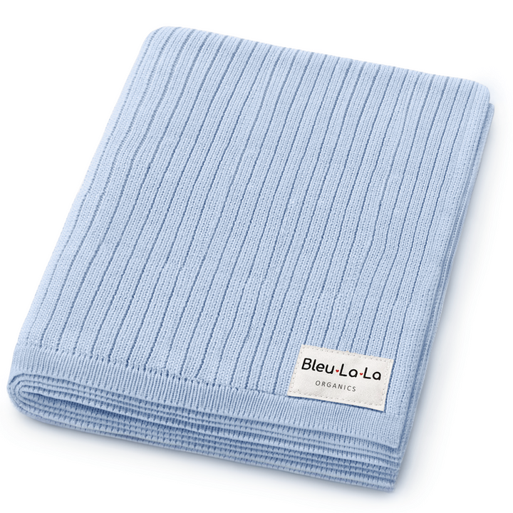 Bleu La La Organic Ribbed Knit Cotton Baby Blanket in light blue folded neatly on white background, soft newborn swaddle blanket, organic cotton receiving blanket