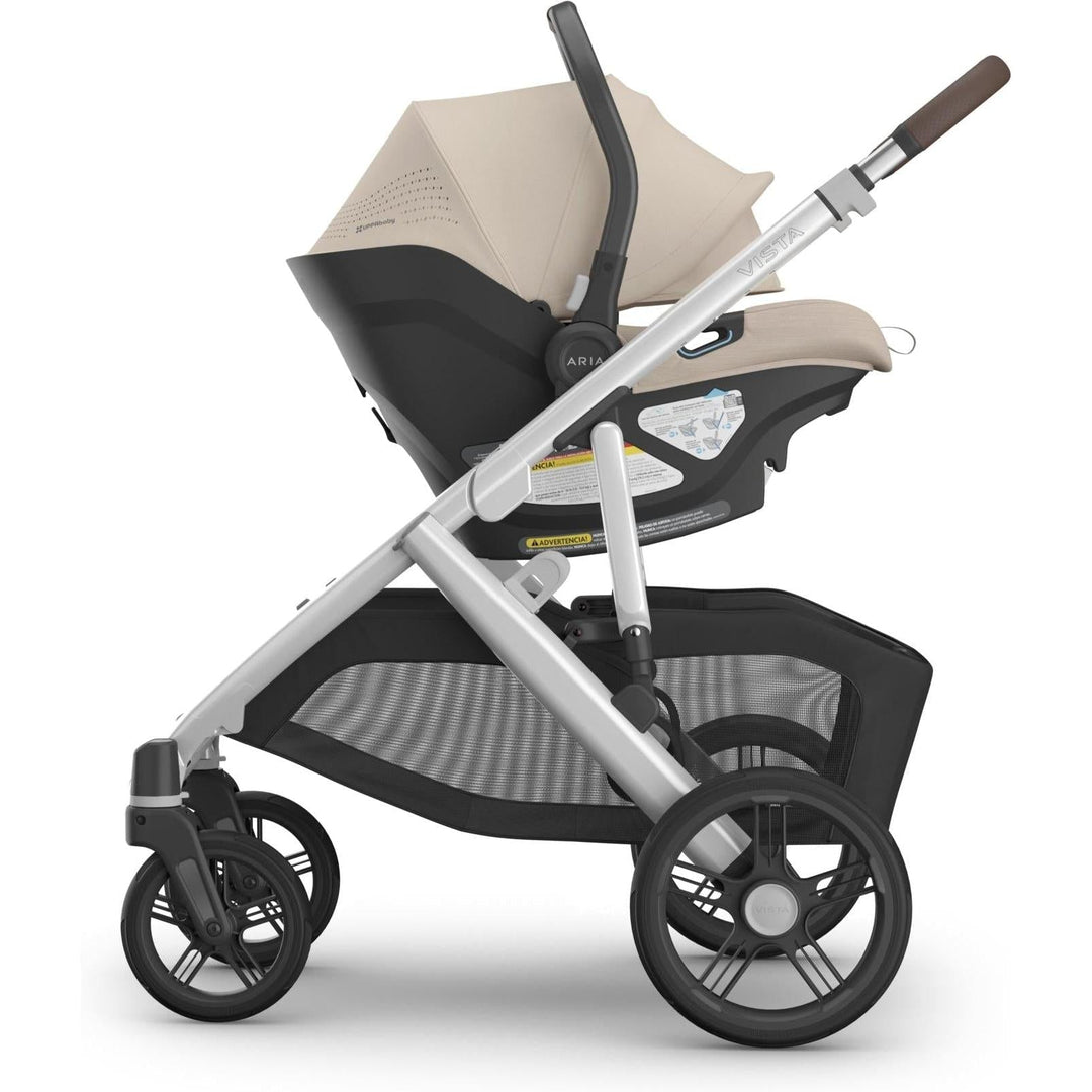 The Uppababy Aria V2 Infant Car Seat in Declan offers adjustable leg rest lengths for optimal car seat baby comfort.