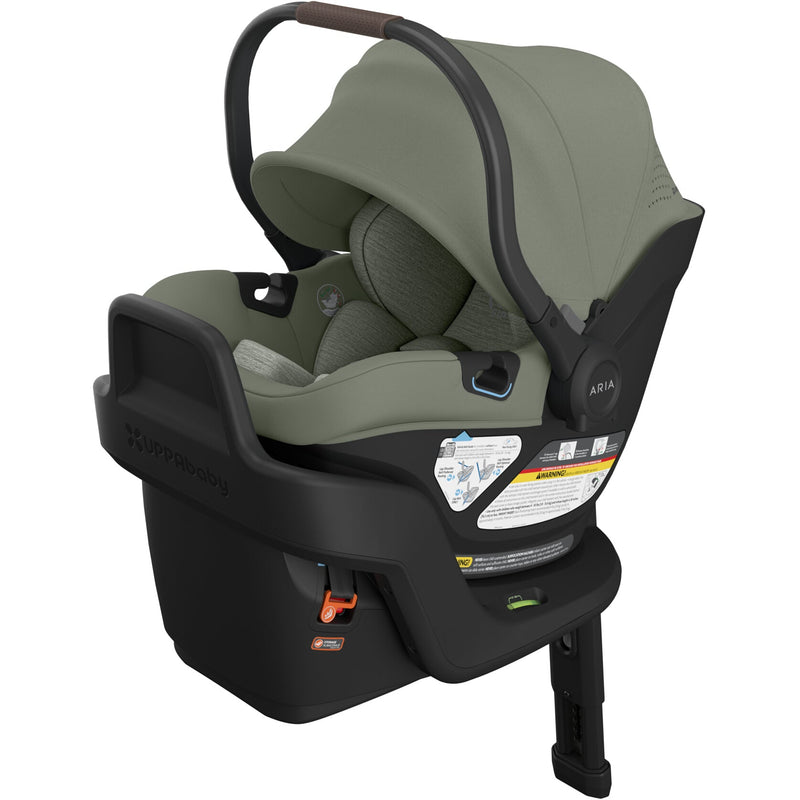 Three-quarter left hero angle of the Uppababy Aria V2 Infant Car Seat in Evelyn, showcasing chic style and smart functionality.