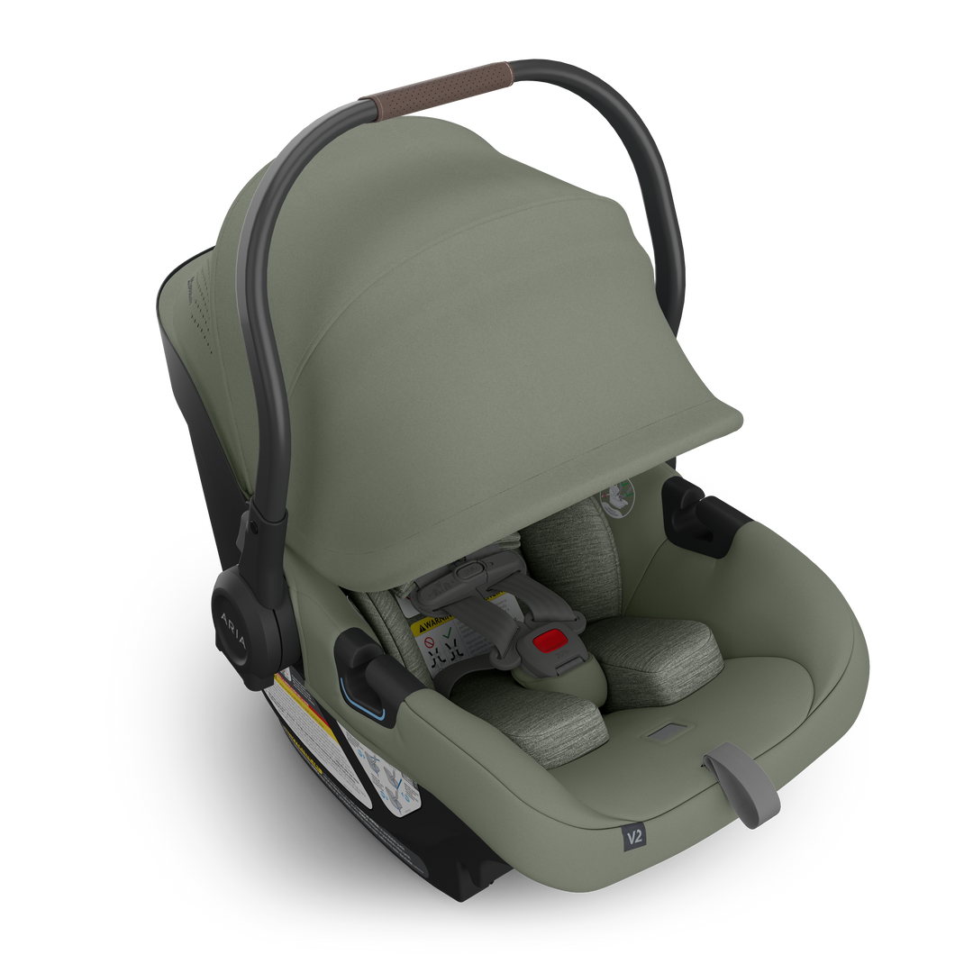 Three-quarter view of the Uppababy Aria V2 Infant Car Seat in Evelyn, built as a lightweight and safe car seat for baby travel.