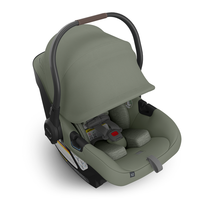 Three-quarter view of the Uppababy Aria V2 Infant Car Seat in Evelyn, built as a lightweight and safe car seat for baby travel.