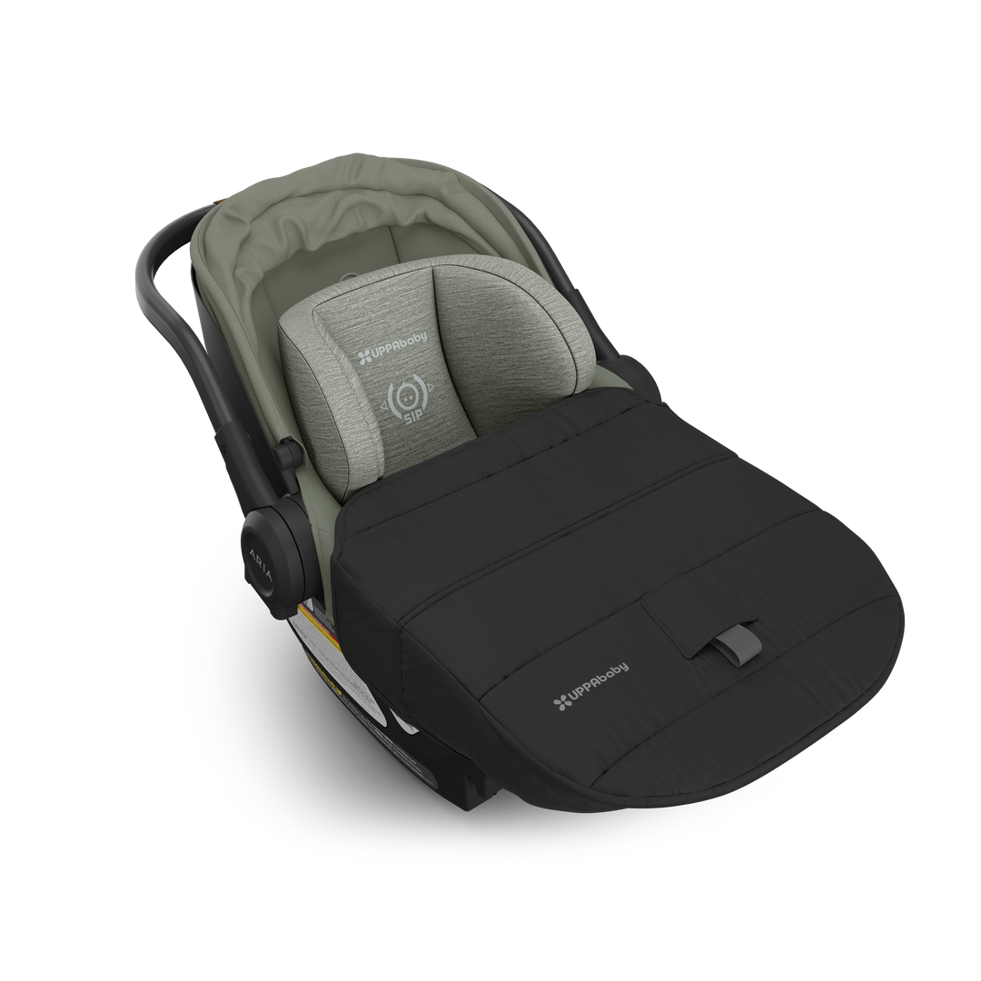 Evelyn Uppababy Aria V2 Infant Car Seat with foot cover attached, designed as a cozy and best infant car seat for comfort and protection.
