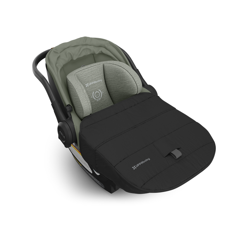 Evelyn Uppababy Aria V2 Infant Car Seat with foot cover attached, designed as a cozy and best infant car seat for comfort and protection.