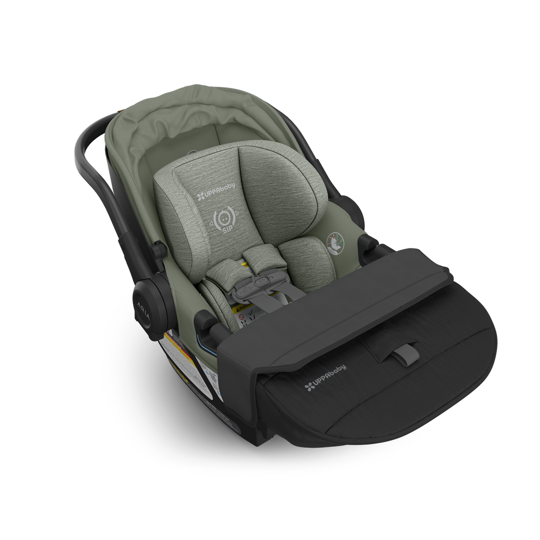 Uppababy Aria V2 Infant Car Seat in Evelyn shown folded with foot cover, offering a compact and stylish baby car seat for everyday travel.