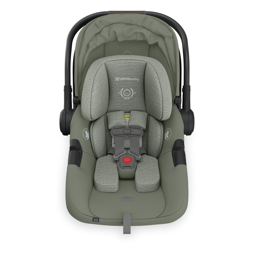 Overhead look at the Uppababy Aria V2 Infant Car Seat in Evelyn, crafted for luxury, safety, and everyday use as a best car seat.
