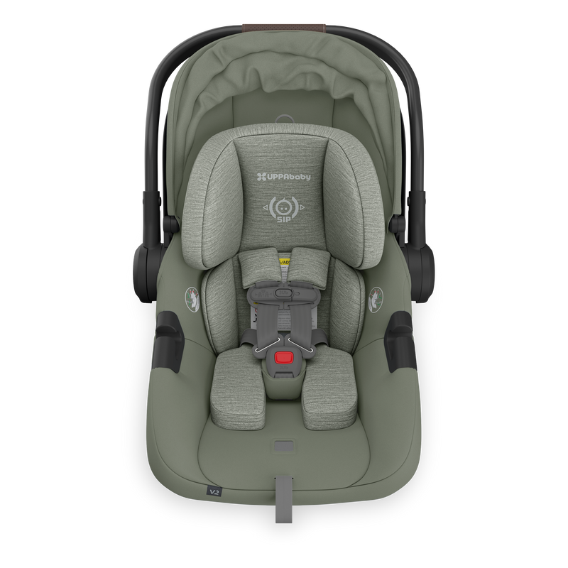 Overhead look at the Uppababy Aria V2 Infant Car Seat in Evelyn, crafted for luxury, safety, and everyday use as a best car seat.