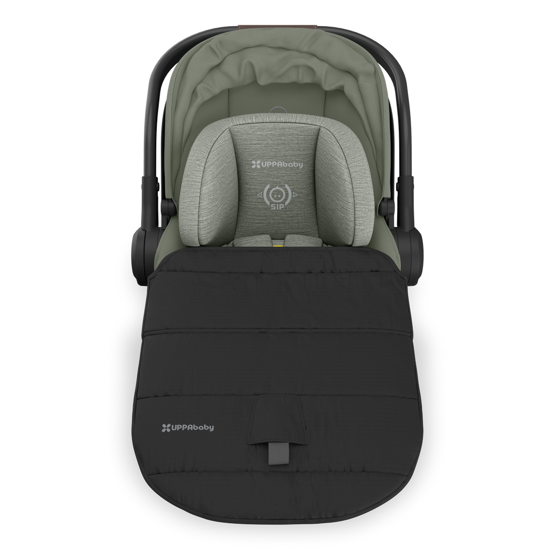 Evelyn Uppababy Aria V2 Infant Car Seat shown from above with foot cover, ideal for parents seeking the best baby car seat for comfort.