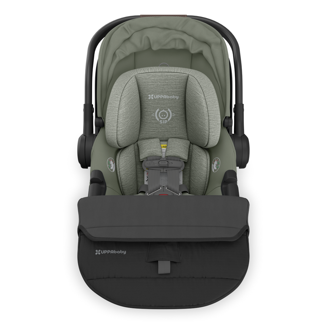 Top angle of Uppababy Aria V2 Infant Car Seat in Evelyn with folded foot cover, highlighting a sleek and reliable new born car seat.