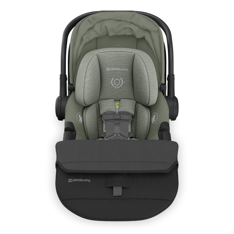 Top angle of Uppababy Aria V2 Infant Car Seat in Evelyn with folded foot cover, highlighting a sleek and reliable new born car seat.