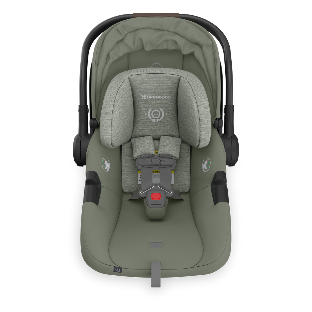 Top view of Uppababy Aria V2 Infant Car Seat in Evelyn without insert, showing versatile and easy-to-clean design for baby car seats.