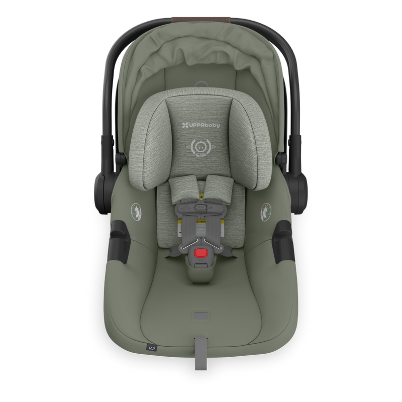 Top view of Uppababy Aria V2 Infant Car Seat in Evelyn without insert, showing versatile and easy-to-clean design for baby car seats.