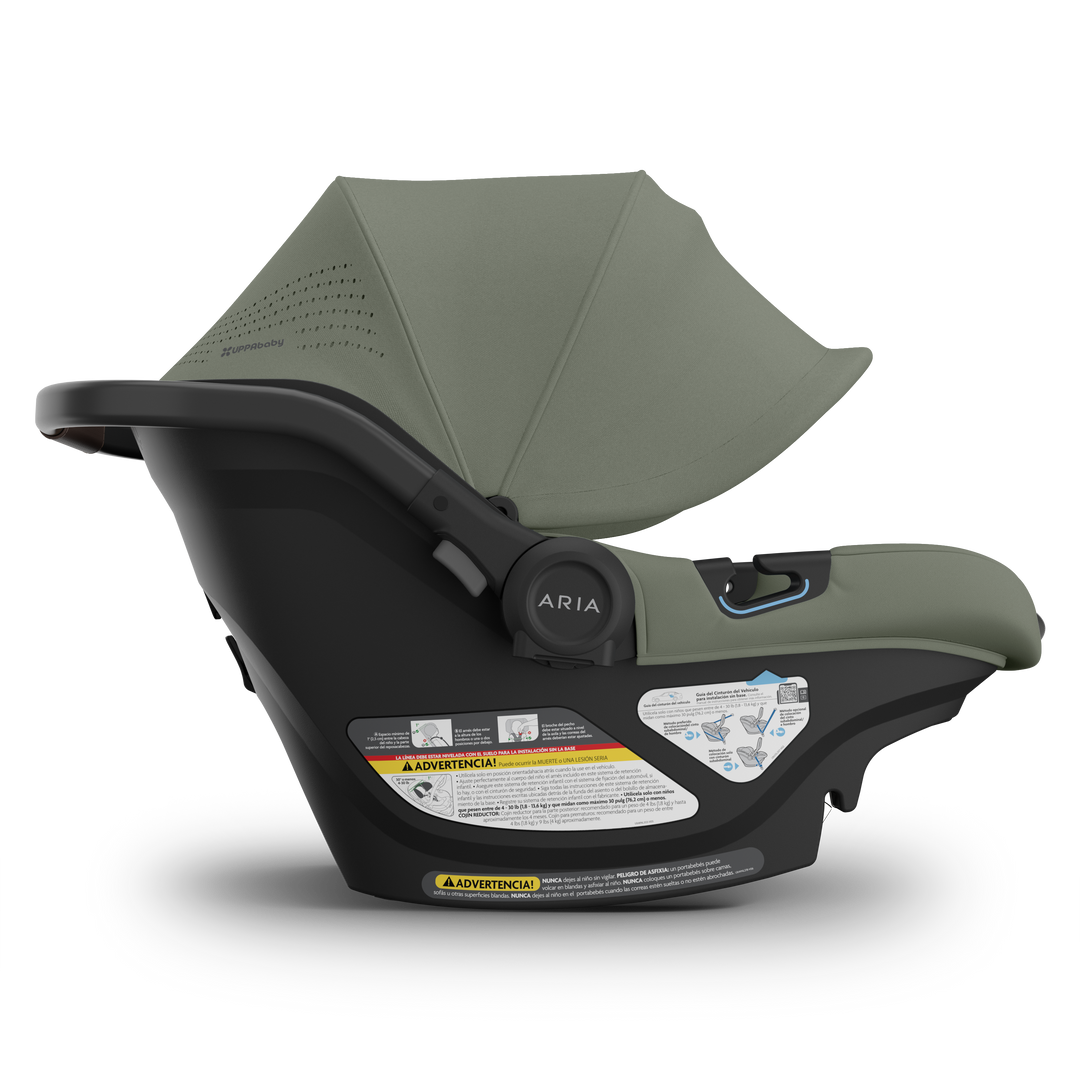 Side angle of the Uppababy Aria V2 Infant Car Seat in Evelyn, a premium and secure infant car seat for newborn.