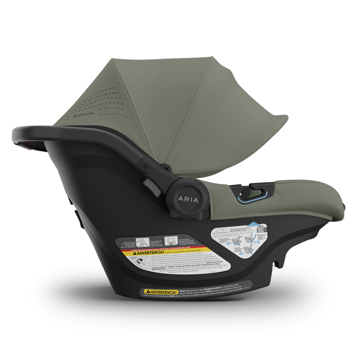 Side angle of the Uppababy Aria V2 Infant Car Seat in Evelyn, a premium and secure infant car seat for newborn.