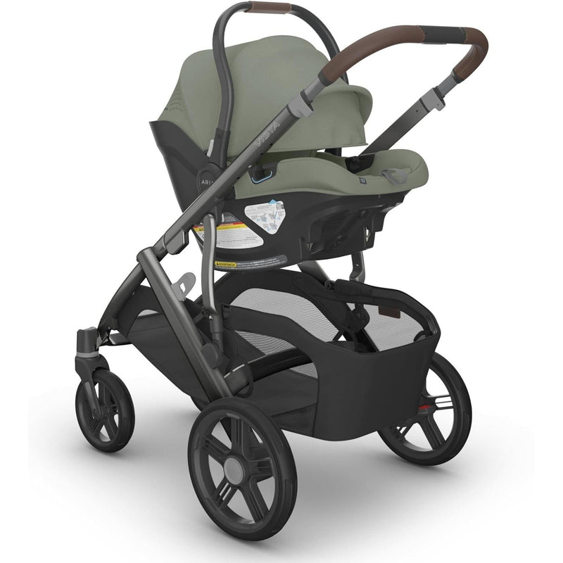 Uppababy Aria V2 Infant Car Seat in Evelyn paired with Vista stroller for effortless travel and modern infant car seat design.