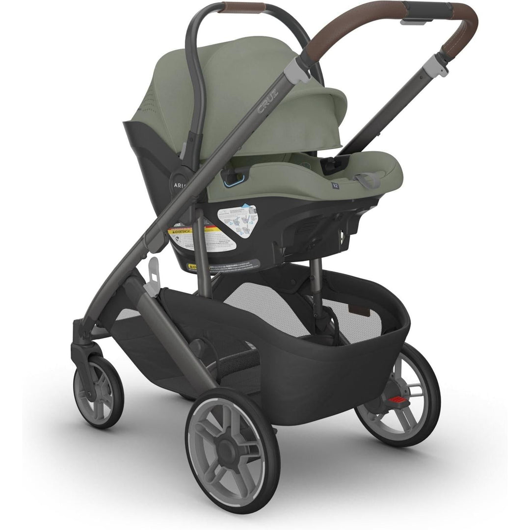 Evelyn Uppababy Aria V2 Infant Car Seat installed on Cruz stroller, designed for safety and easy maneuverability.