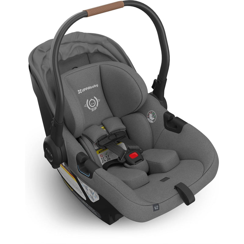 With its canopy down, the Uppababy Aria V2 in Greyson transforms into the perfect best travel car seat.