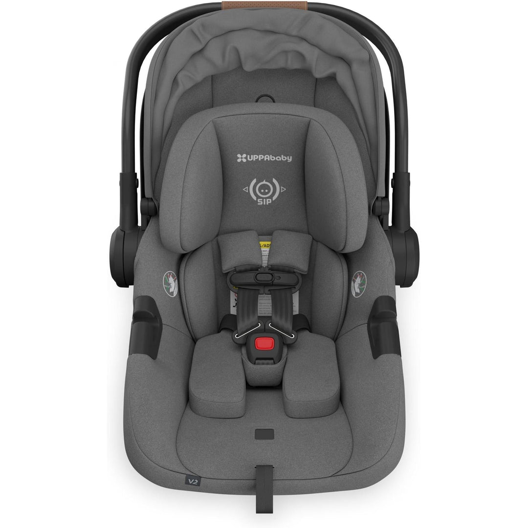 Aerial view of Uppababy Aria V2 in Greyson, showcasing elegant contours of this infant car seat for newborn.