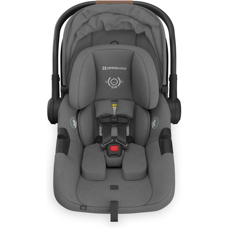 Aerial view of Uppababy Aria V2 in Greyson, showcasing elegant contours of this infant car seat for newborn.
