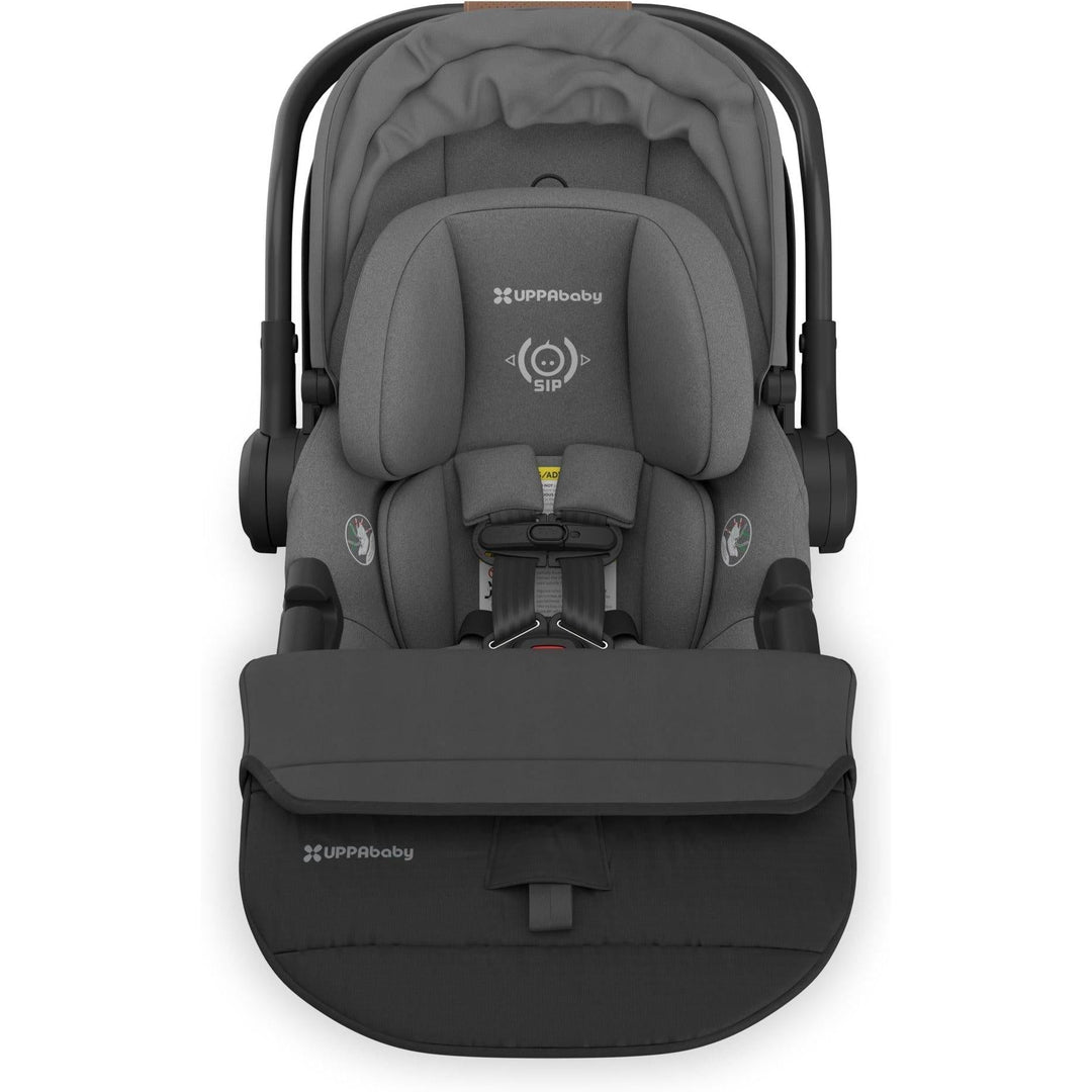 From above, the Uppababy Aria V2 in Greyson reveals its sleek silhouette and travel-friendly design.