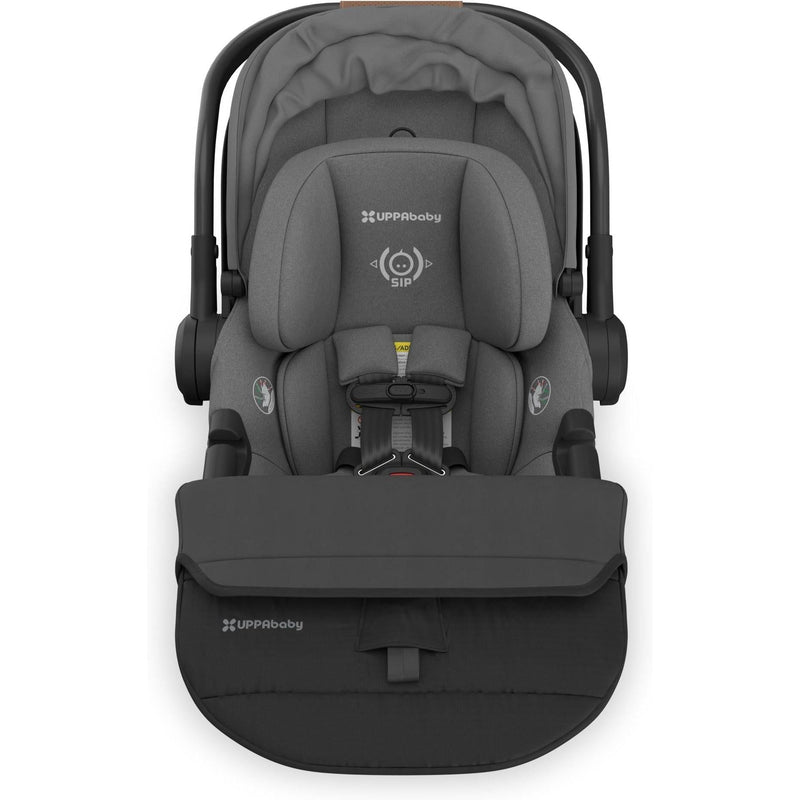 From above, the Uppababy Aria V2 in Greyson reveals its sleek silhouette and travel-friendly design.