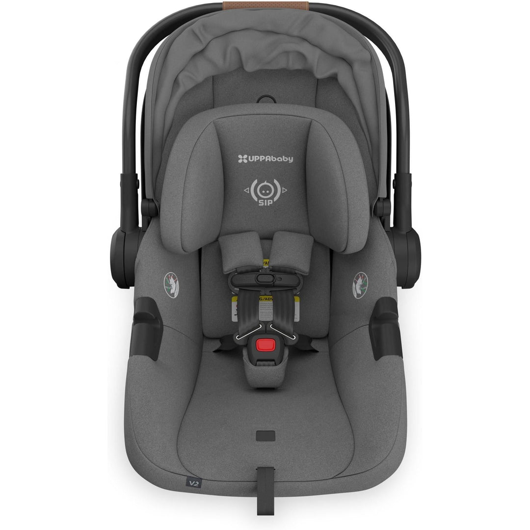 Inside look at the Uppababy Aria V2 Infant Car Seat in Greyson without insert, ideal for newborn comfort.