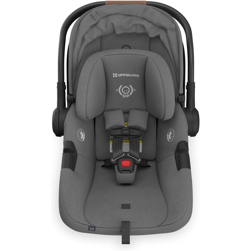 Inside look at the Uppababy Aria V2 Infant Car Seat in Greyson without insert, ideal for newborn comfort.