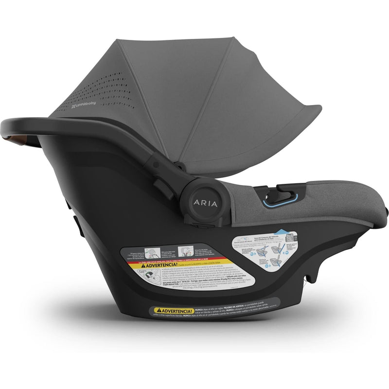 Side profile of the Uppababy Aria V2 in Greyson highlights its stylish frame and reliable baby car seat safety.