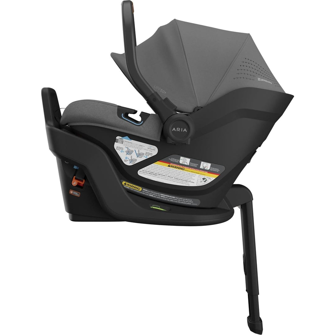 Right side of the Uppababy Aria V2 in Greyson reveals its streamlined profile, the perfect reverse facing car seat setup.