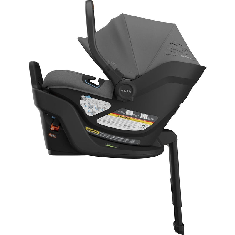 Right side of the Uppababy Aria V2 in Greyson reveals its streamlined profile, the perfect reverse facing car seat setup.
