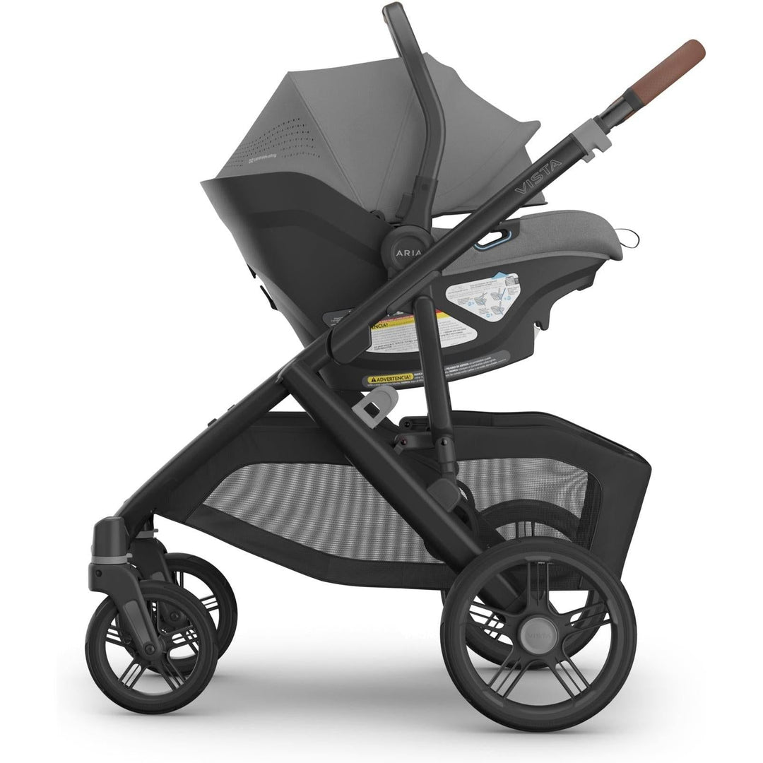 Attached to a stroller, the Uppababy Aria V2 in Greyson creates a stylish and secure best car seat setup.
