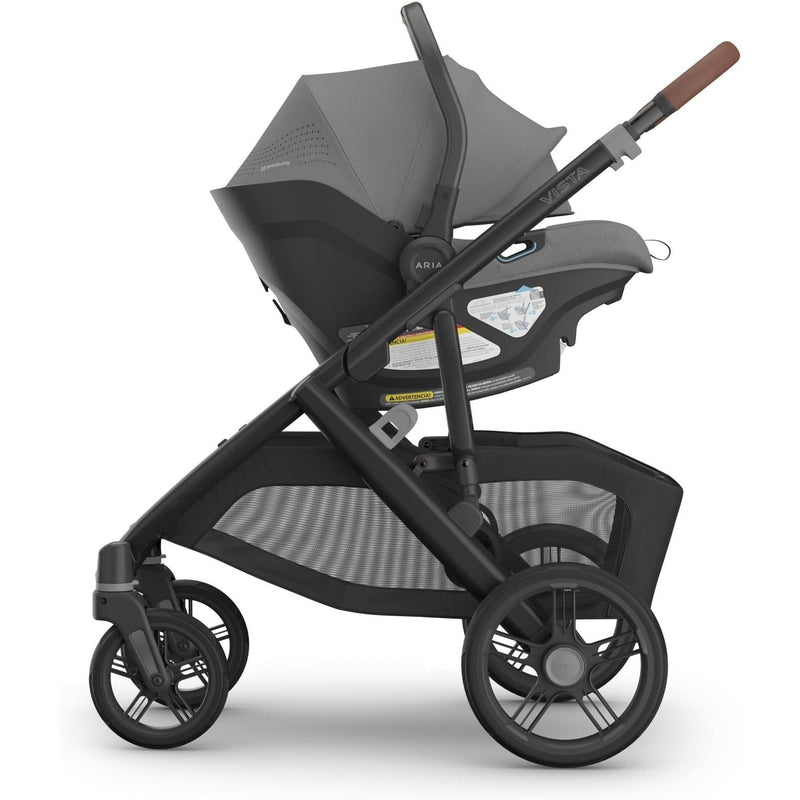 Attached to a stroller, the Uppababy Aria V2 in Greyson creates a stylish and secure best car seat setup.