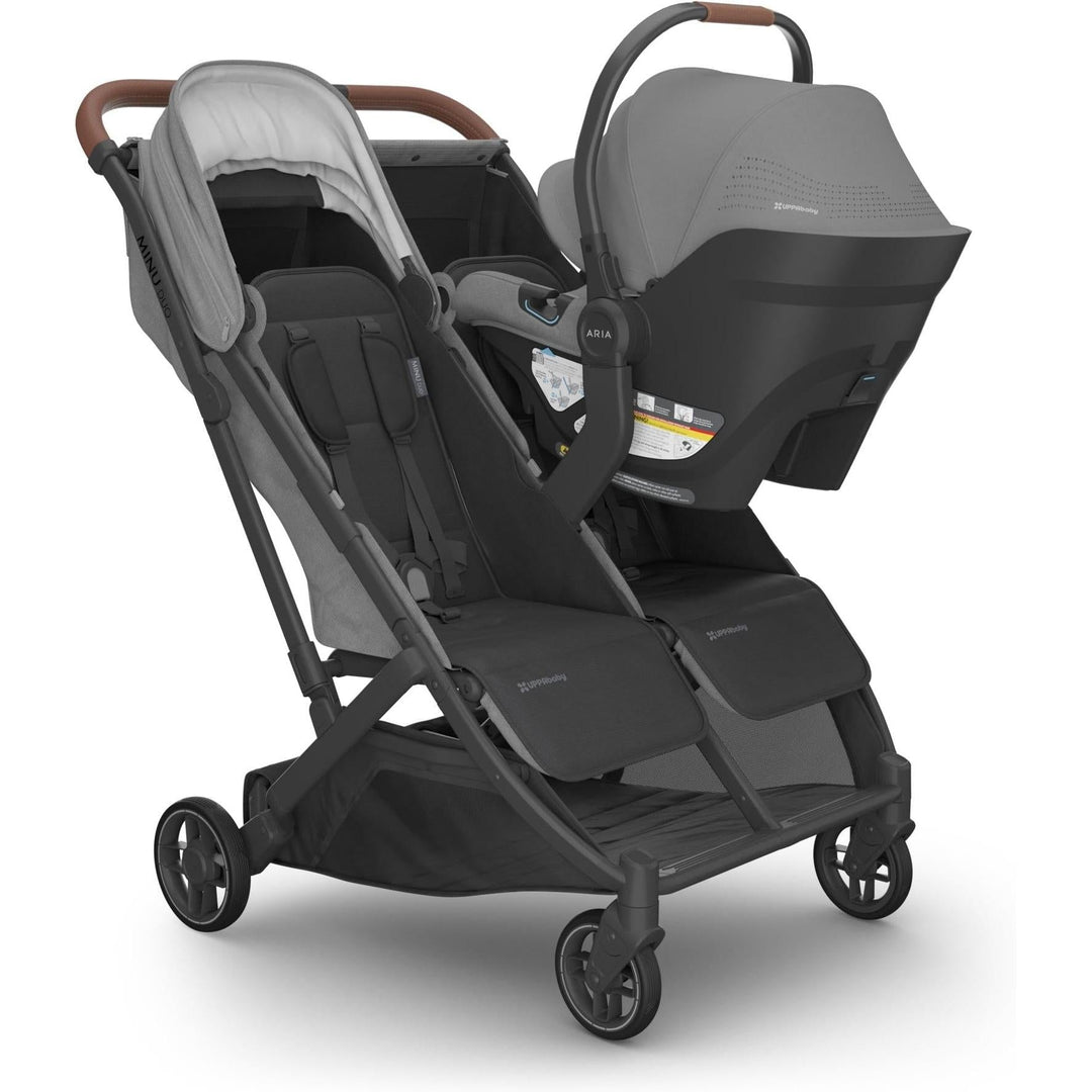The Greyson Uppababy Aria V2 Infant Car Seat securely attaches to the Mesa base, offering ultimate convenience for families.