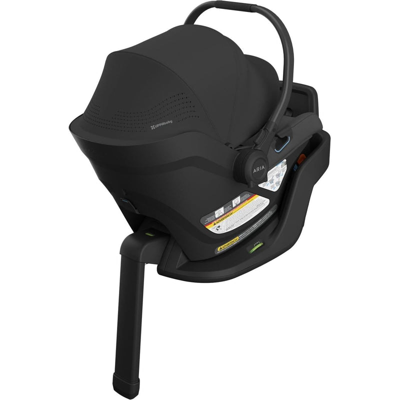 Three-quarter back view of the Uppababy Aria V2 in Jake highlights the streamlined shape of this best infant car seat.