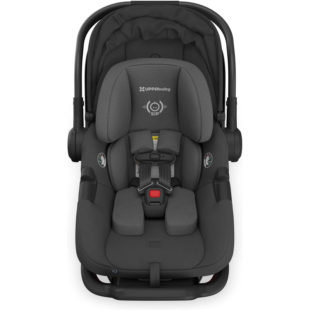 Top-down shot of the Uppababy Aria V2 Infant Car Seat in Jake reveals a minimalist, easy-clean design.