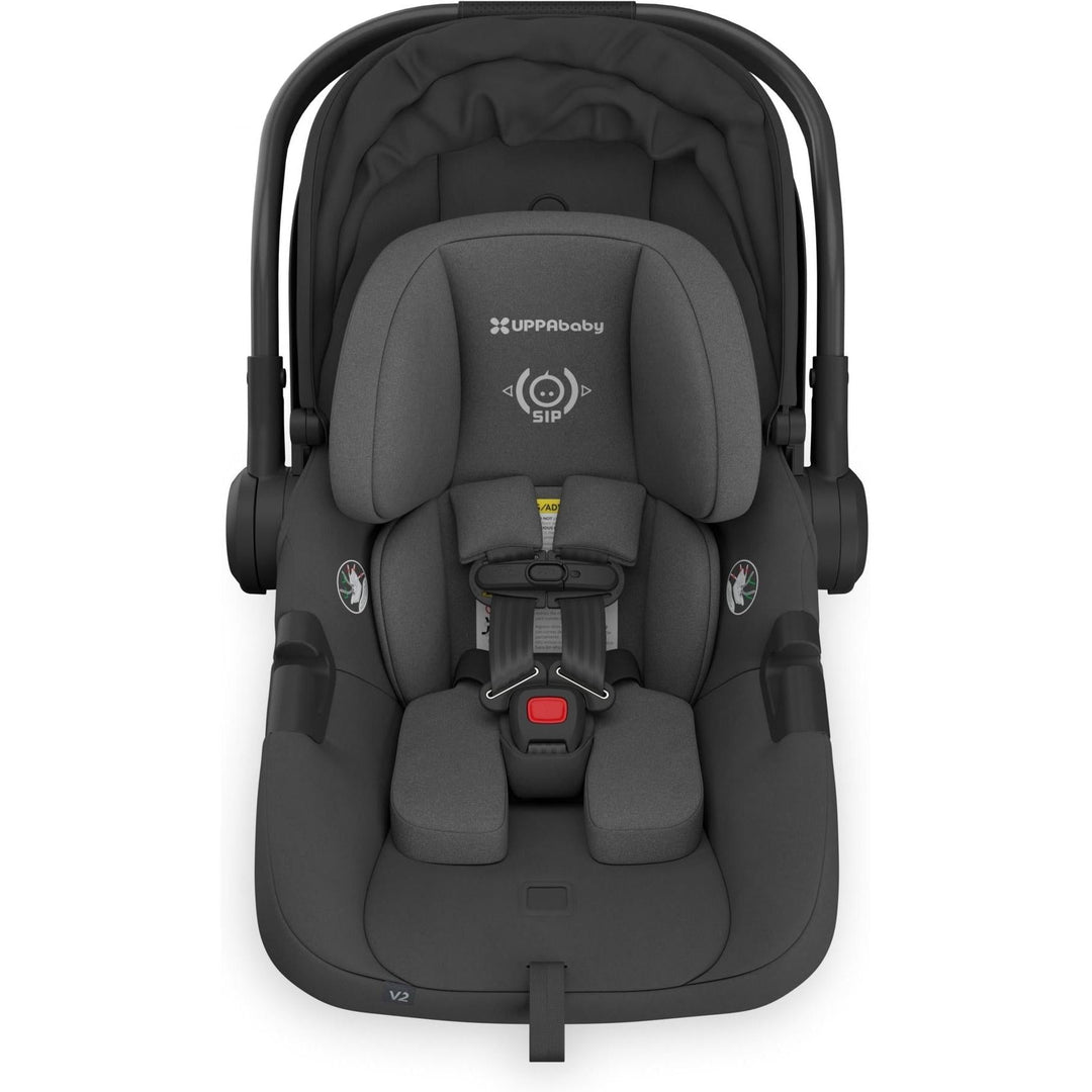 Top view of the Uppababy Aria V2 Infant Car Seat in Jake emphasizes quality craftsmanship and modern baby protection.
