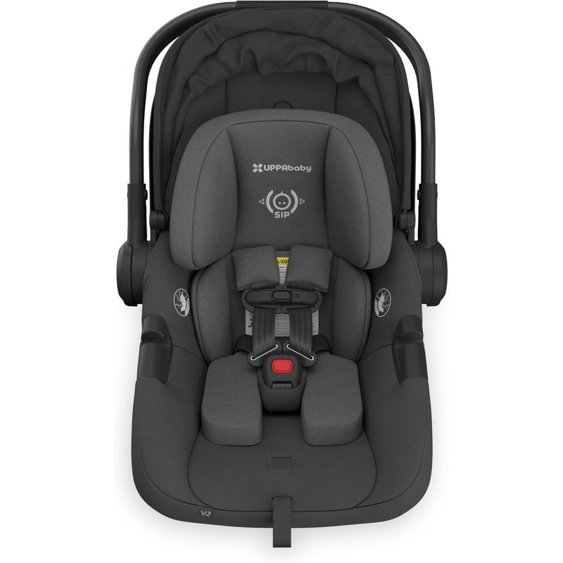 Top view of the Uppababy Aria V2 Infant Car Seat in Jake emphasizes quality craftsmanship and modern baby protection.
