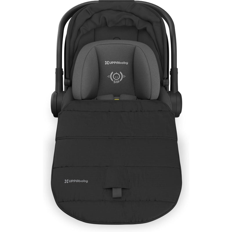 From above, the Uppababy Aria V2 Infant Car Seat in Jake displays premium padding and sleek protective foot cover.