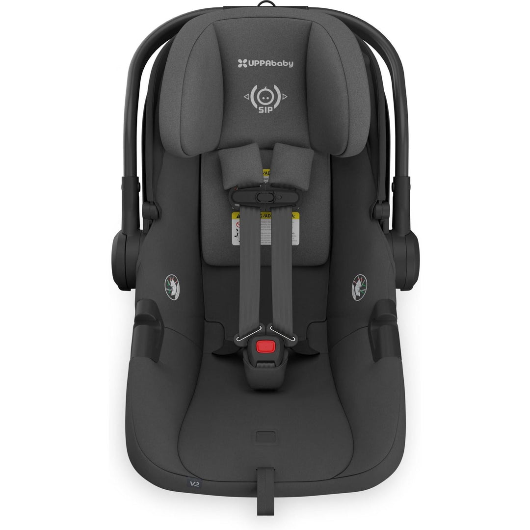 Headrest at its highest position, the Uppababy Aria V2 in Jake grows with your child as a dependable newborn car seat.